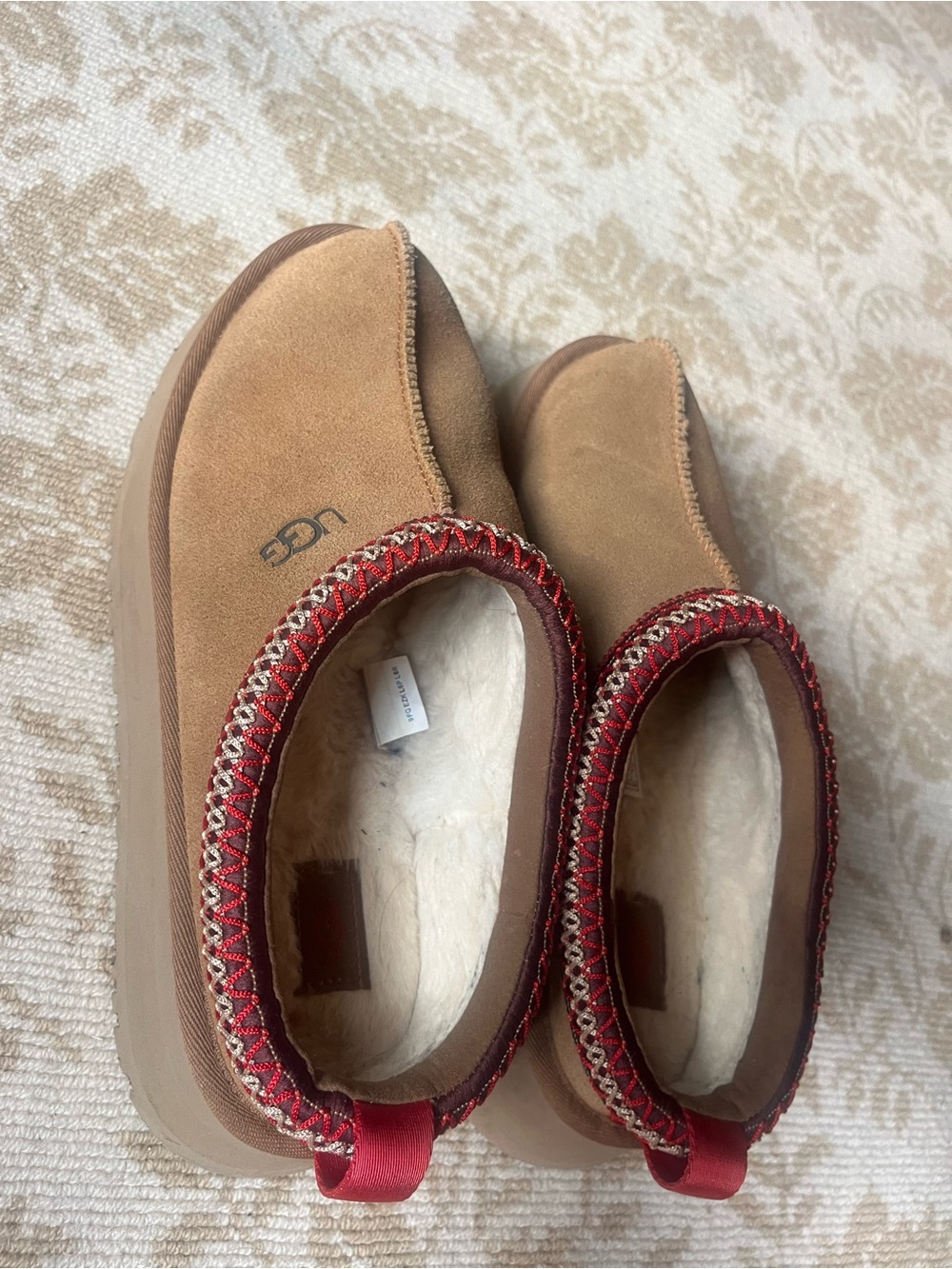 UGG Women's Chestnut Suede Slip-On Slippers with Red Trim